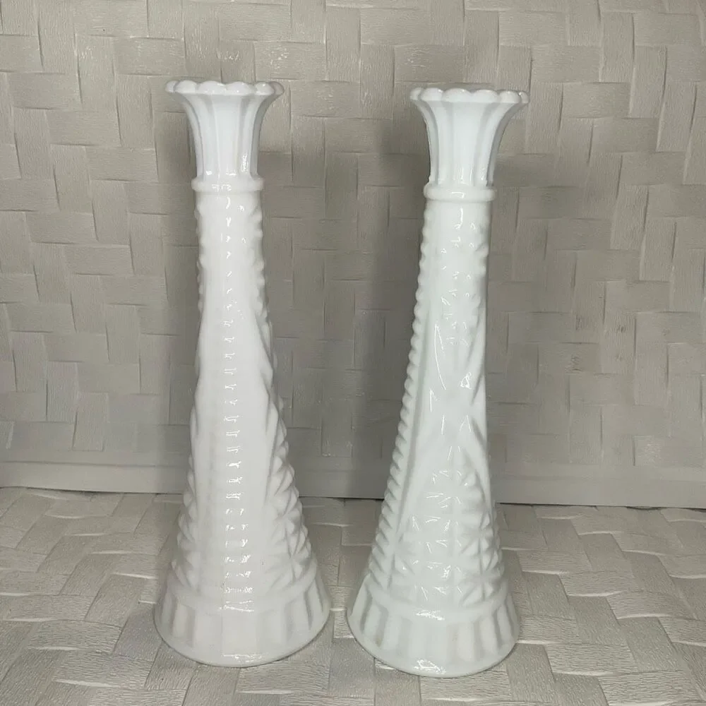 Vintage Set of 2 Two Vases Anchor Hocking Milk Glass Bud Vase -Stars and Bars 9”